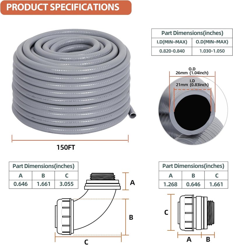 Neorexon Liquid-Tight Conduit 3/4 150ft, Electrical Conduit w/UL Certification, Flexible Conduit with 5 Straight and 5 90-Degree Conduit Connector Fittings Gray - Image 2